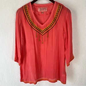 Ryan Michael Coral Embroidered V Neck Top Women Small Sheer Lightweight Blouse